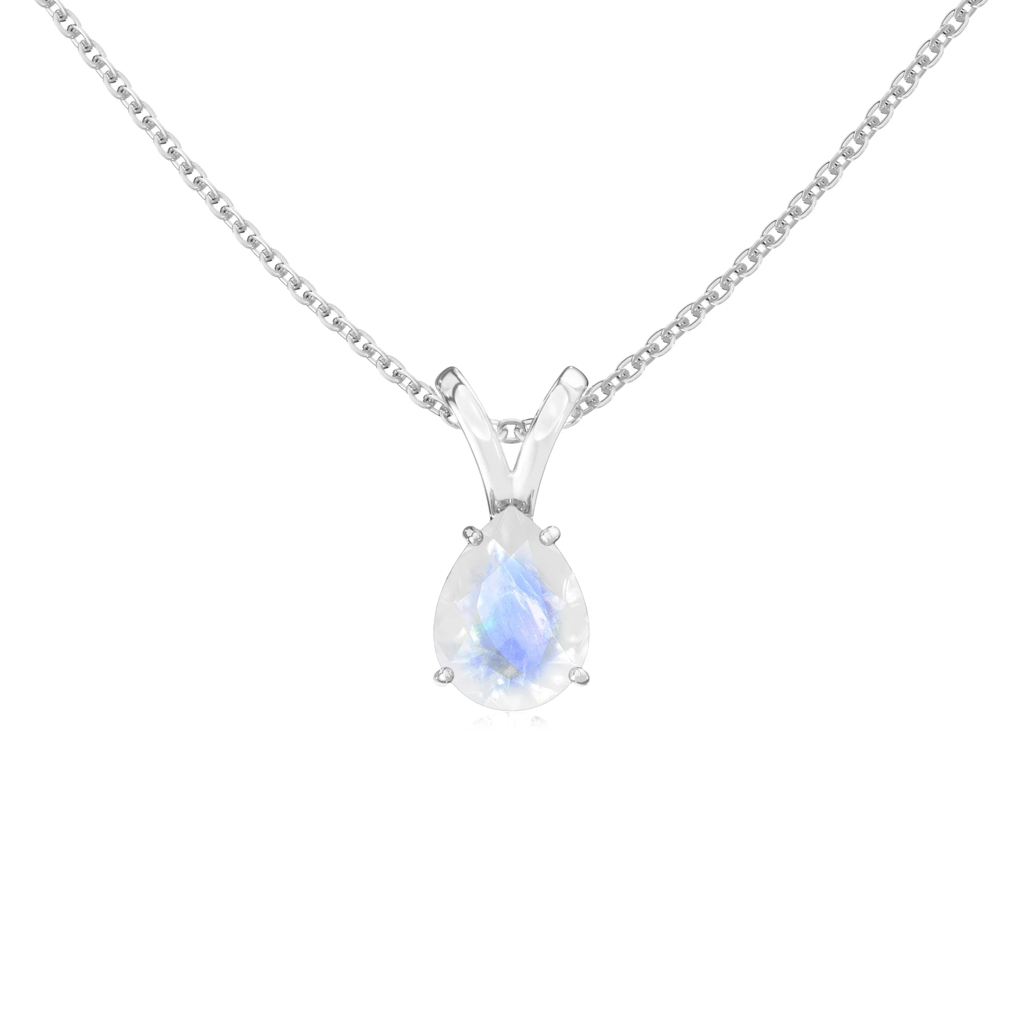 natural rainbow-moonstone pear solitaire v-bale necklaces in sterling silver