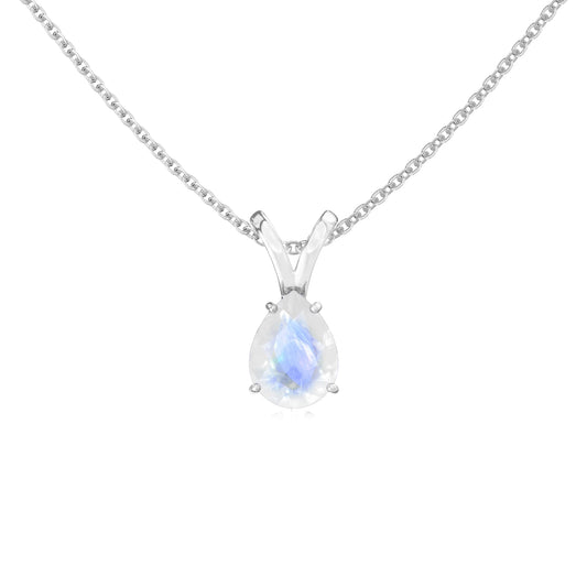 natural rainbow-moonstone pear solitaire v-bale necklaces in sterling silver