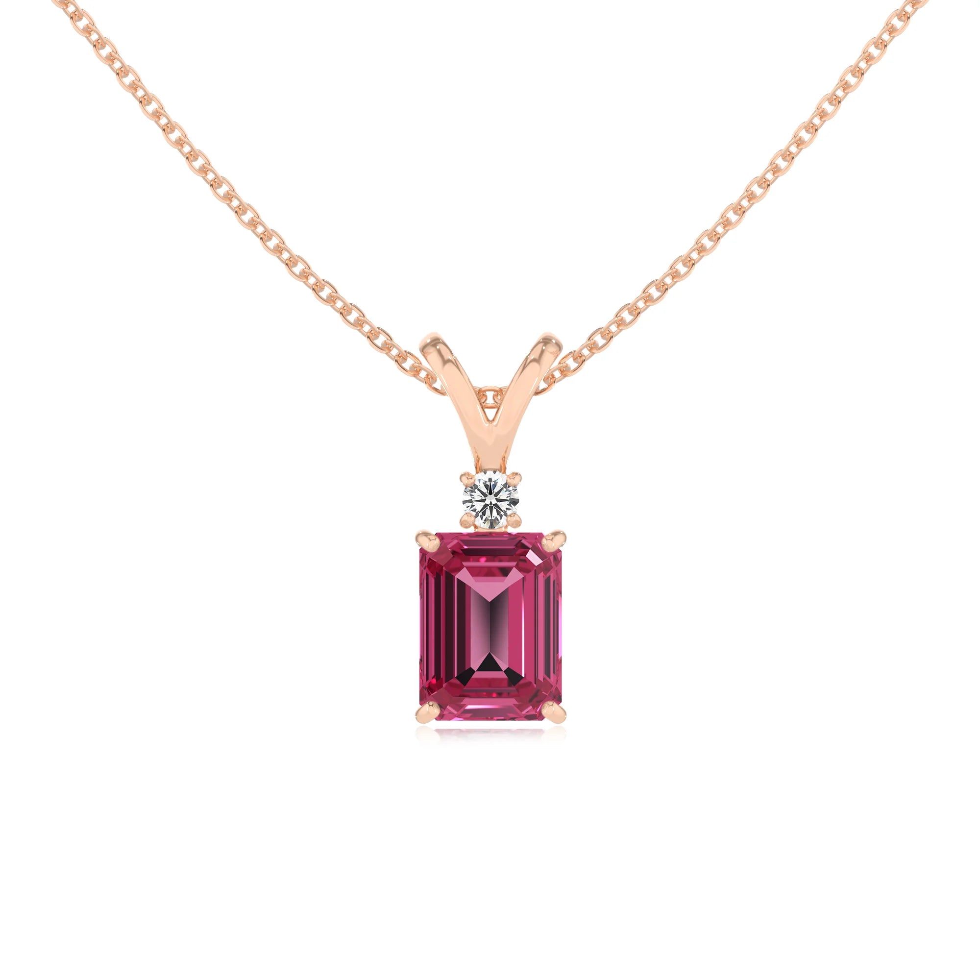 lab grown pink-tourmaline emerald cut solitaire v-bale necklaces in rose gold