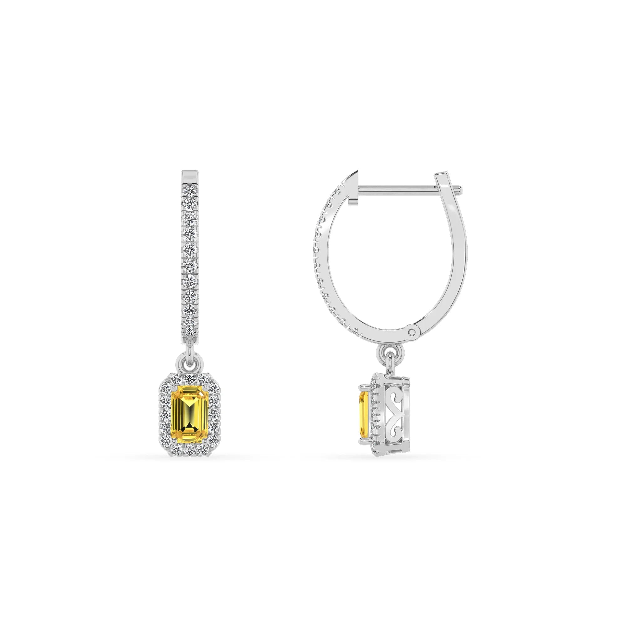 lab grown yellow sapphire emerald cut drop earrings in platinum