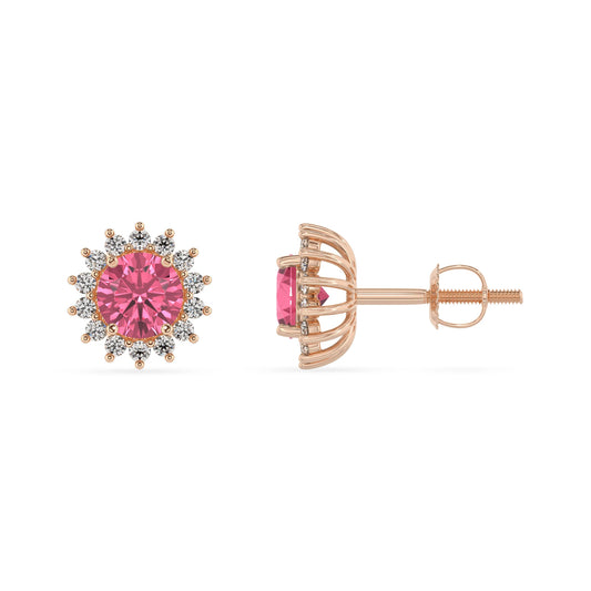 lab grown pink tourmaline round stud earrings in rose gold