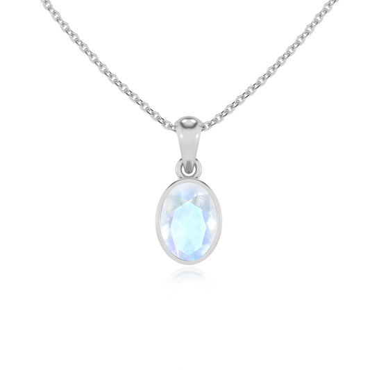 natural rainbow-moonstone oval solitaire necklaces in white gold