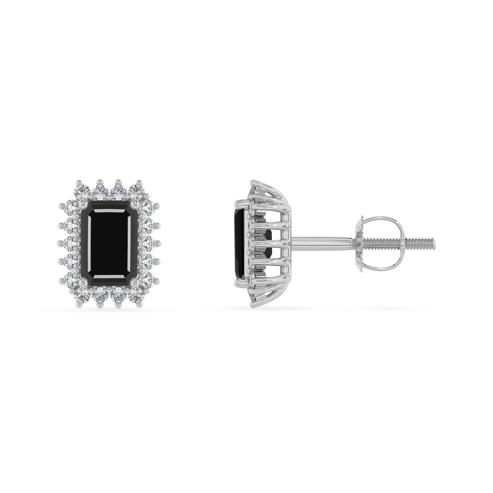 natural black onyx emerald cut stud earrings in platinum