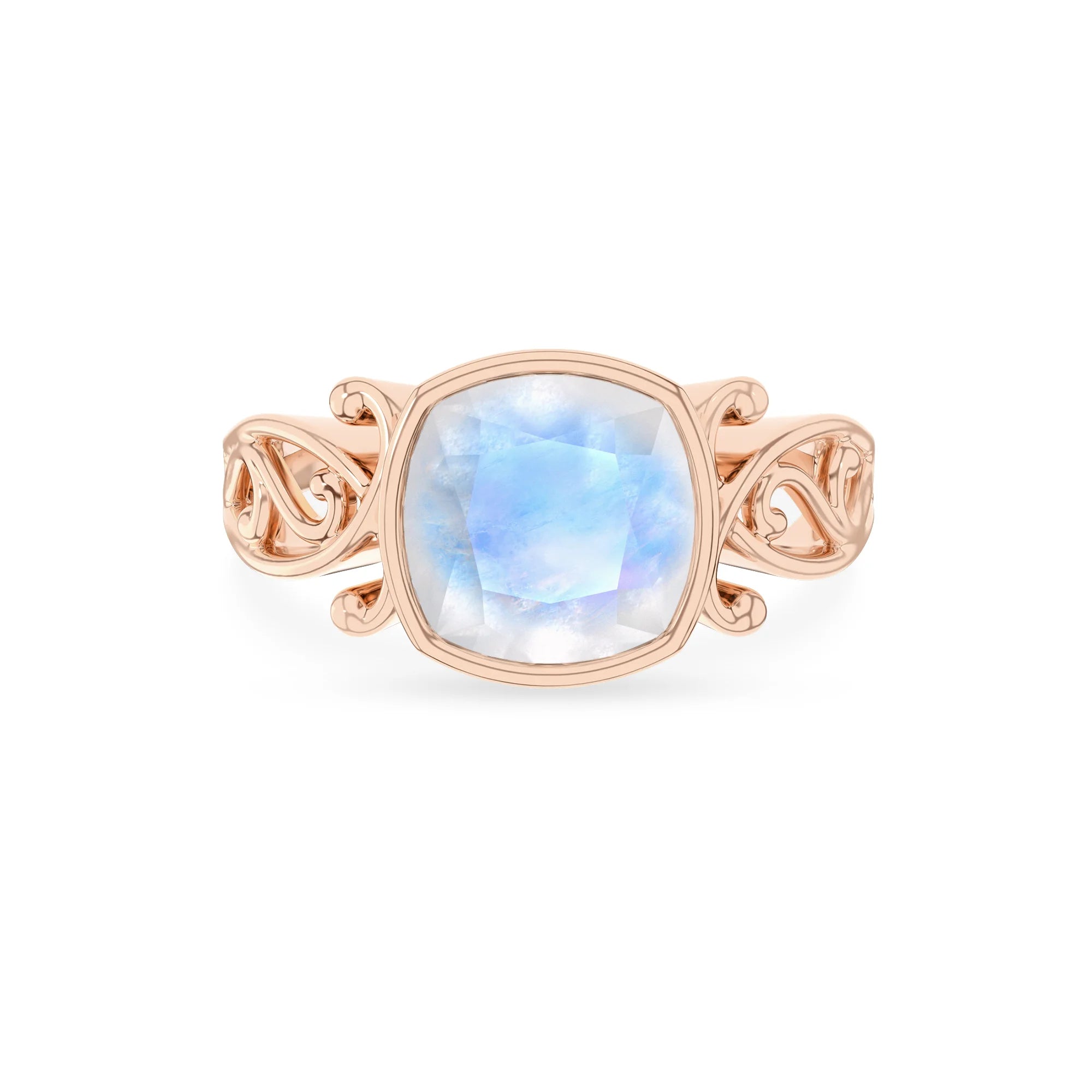 natural rainbow-moonstone cushion solitaire rings in rose gold