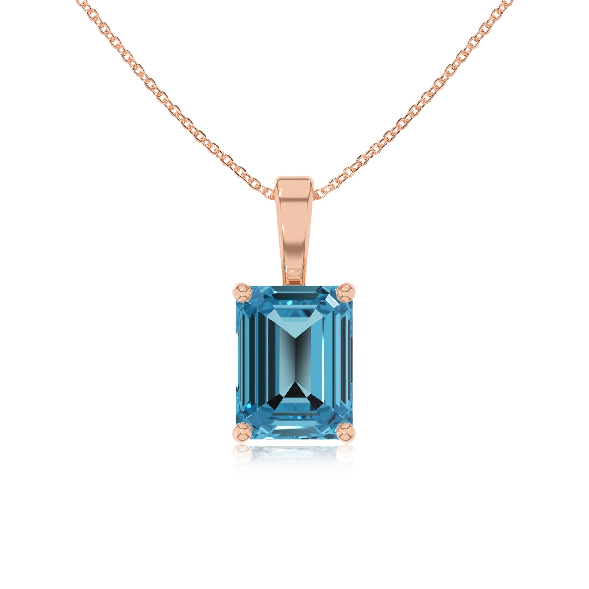 natural swiss-blue-topaz emerald cut solitaire necklaces in rose gold