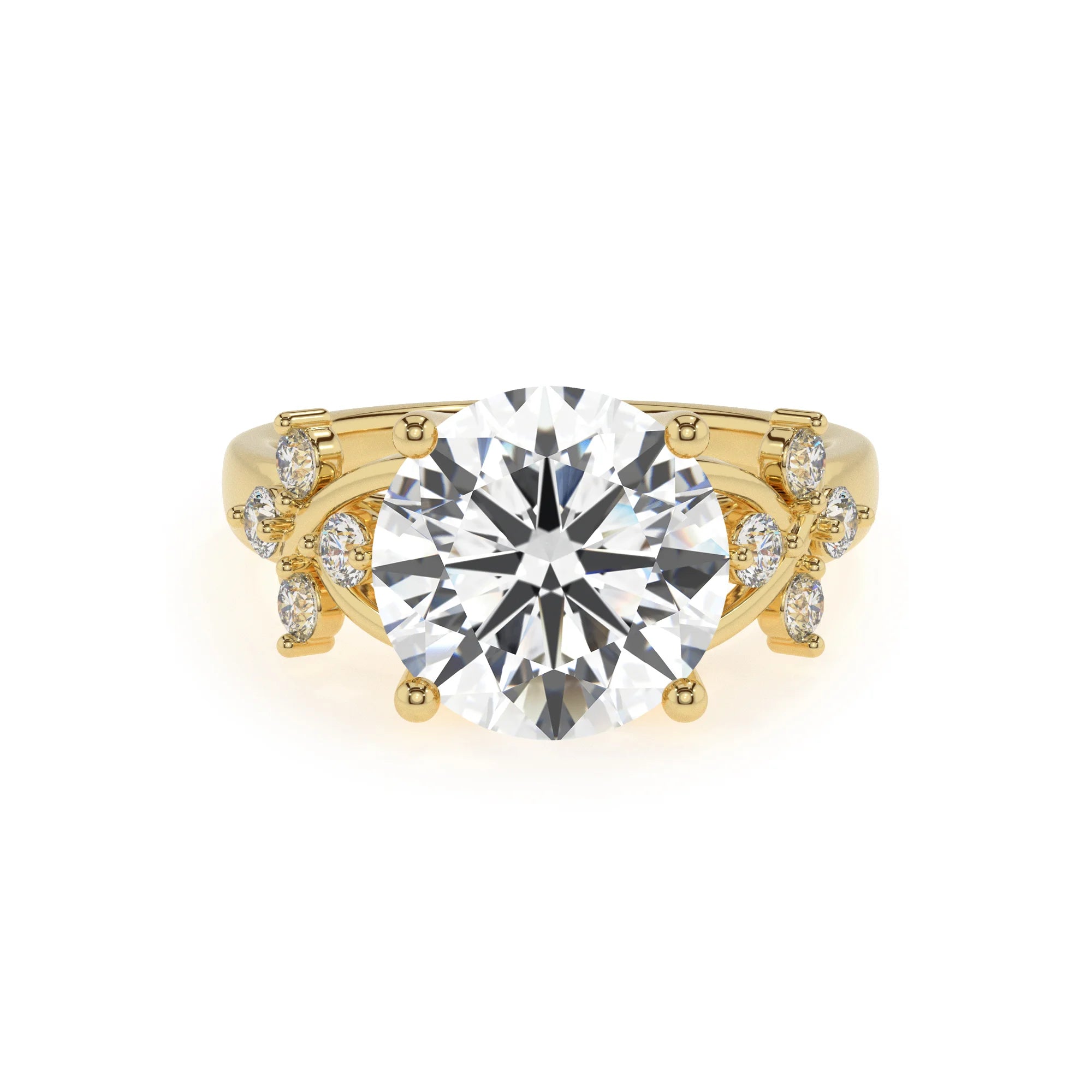 lab grown moissanite round solitaire rings in yellow gold