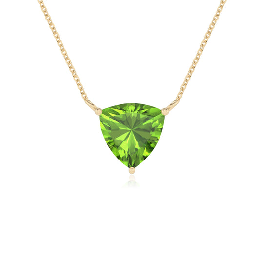 natural peridot trillion solitaire necklaces in yellow gold