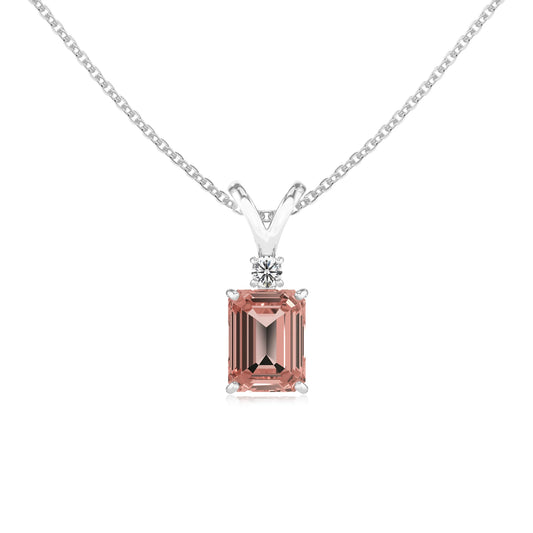 lab grown morganite emerald cut solitaire v-bale necklaces in sterling silver