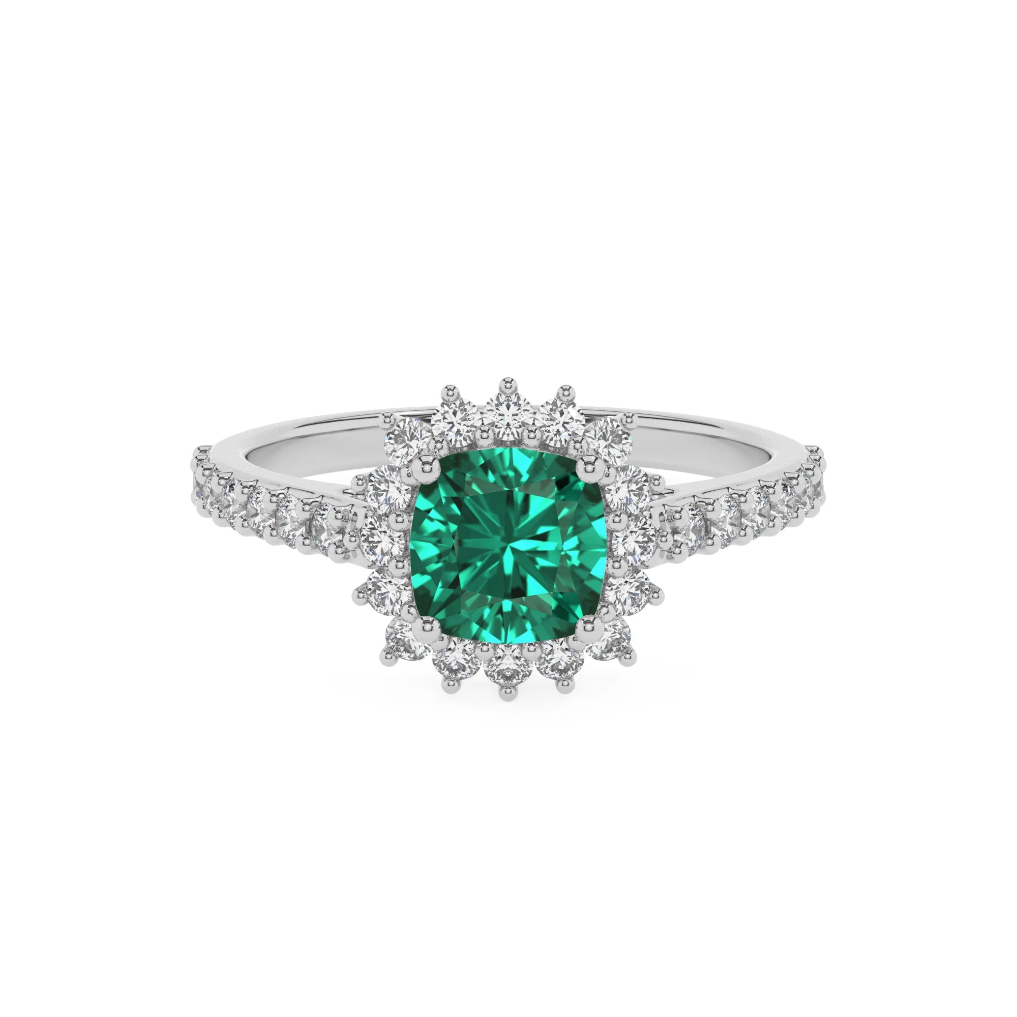 lab grown emerald cushion solitaire rings in white gold
