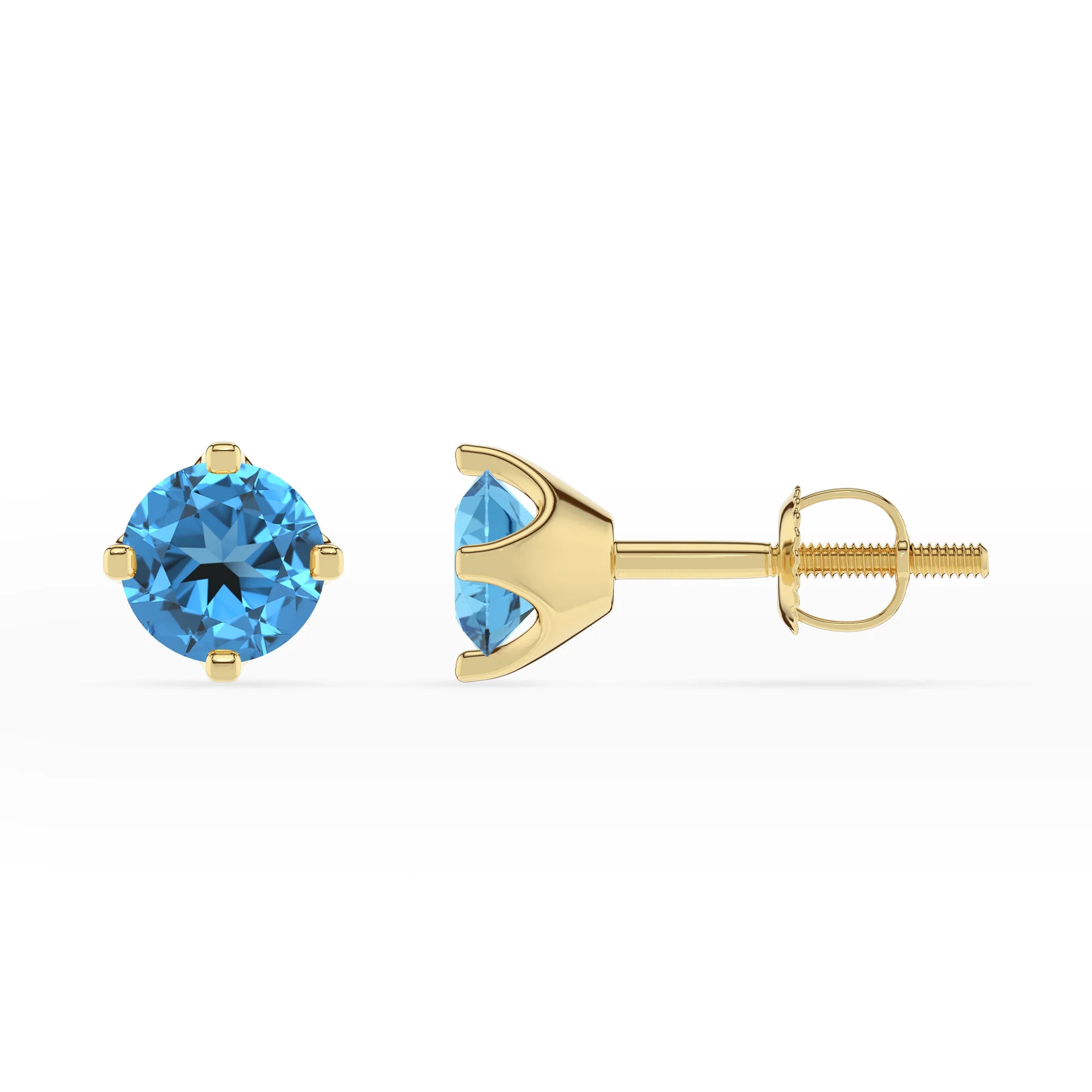 natural swiss blue topaz round stud earrings in yellow gold