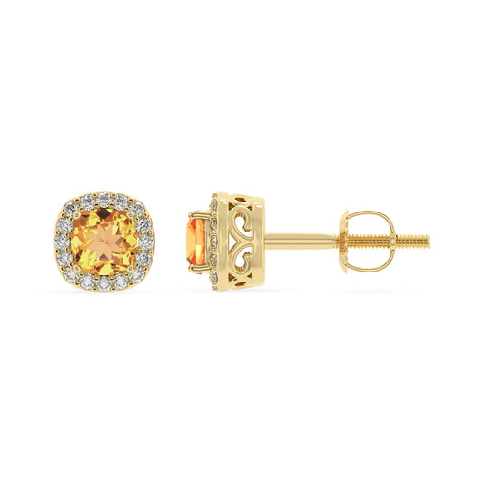 lab grown citrine cushion stud earrings in yellow gold