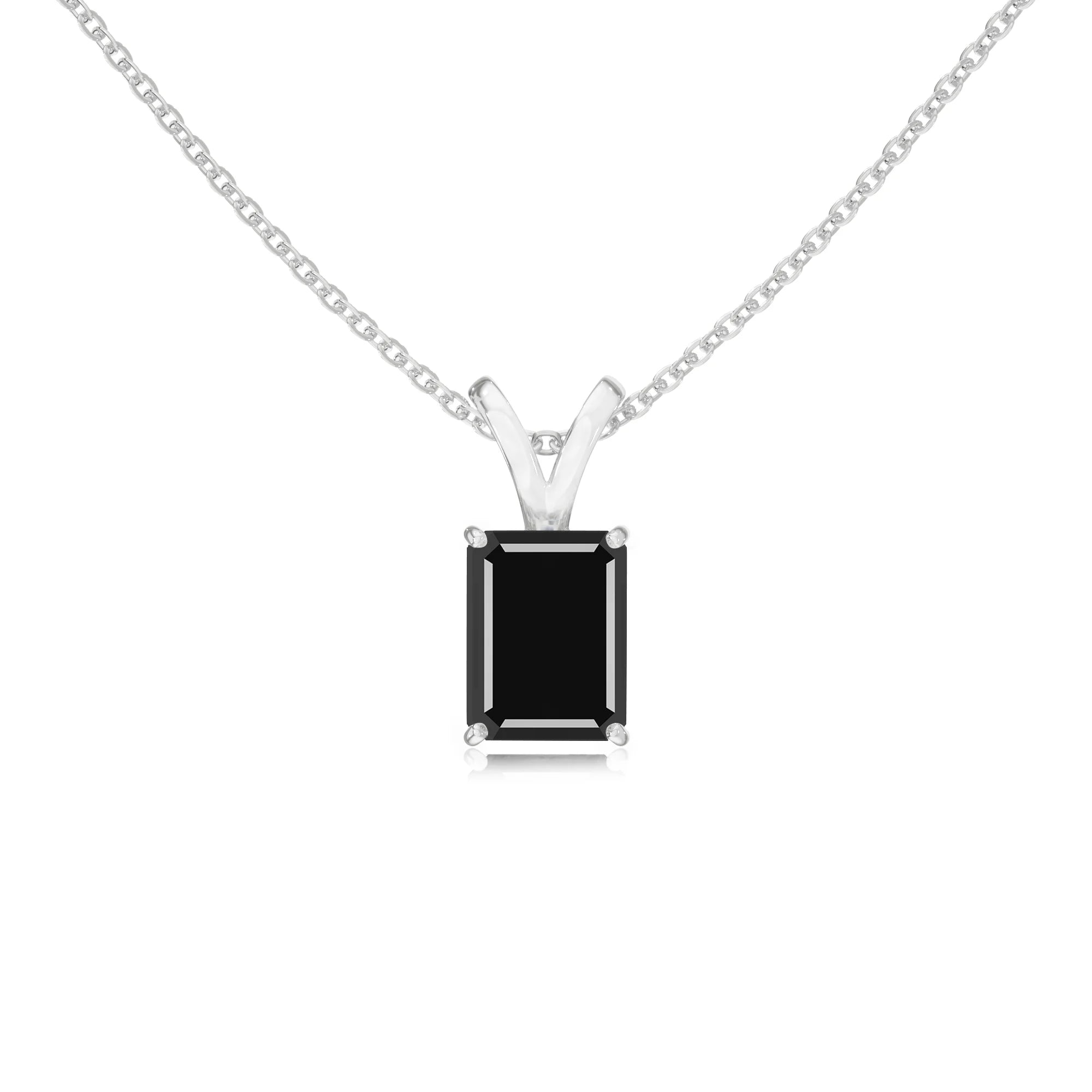 natural black-onyx emerald cut solitaire v-bale necklaces in sterling silver