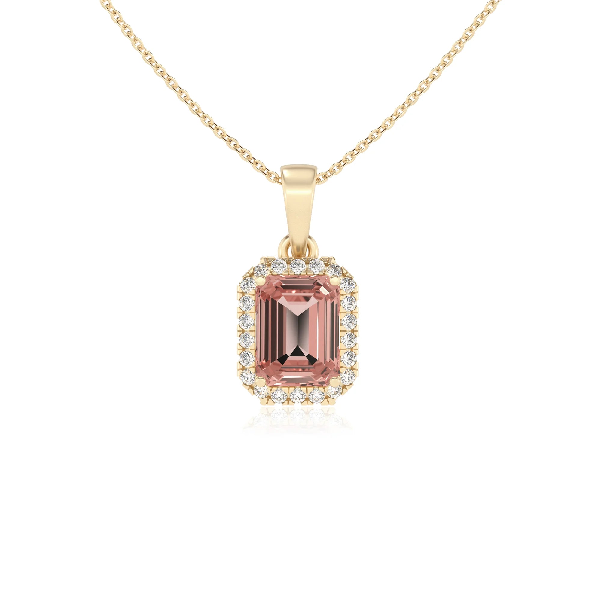 lab grown morganite emerald cut solitaire necklaces in yellow gold