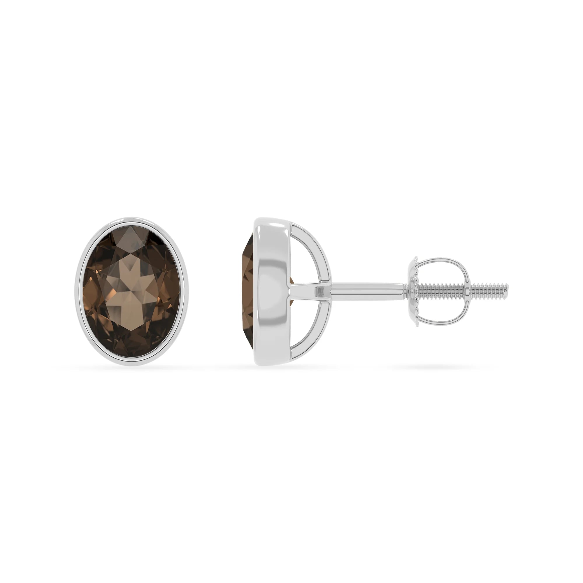 natural smoky quartz oval stud earrings in white gold