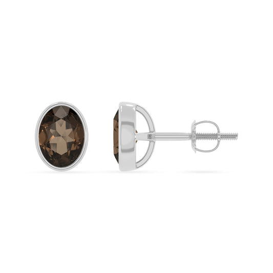 natural smoky quartz oval stud earrings in white gold