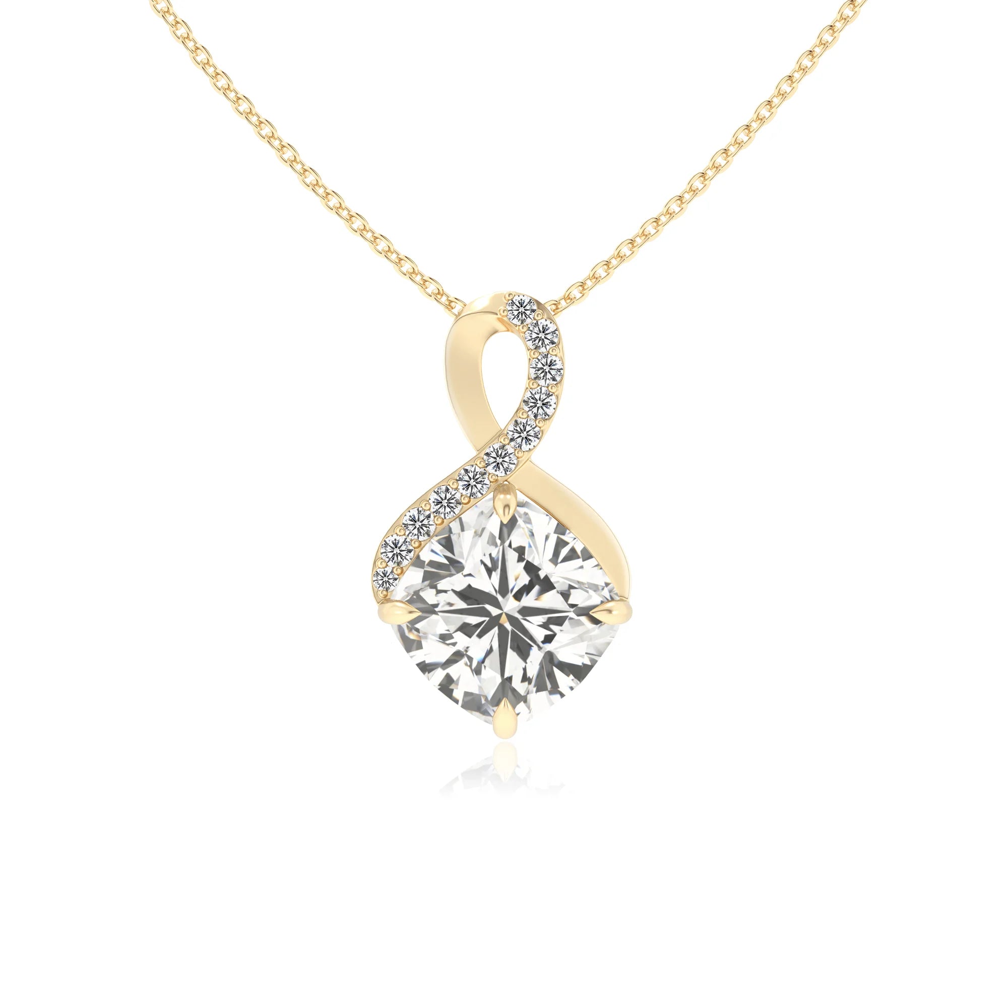 lab grown moissanite cushion infinity necklaces in yellow gold