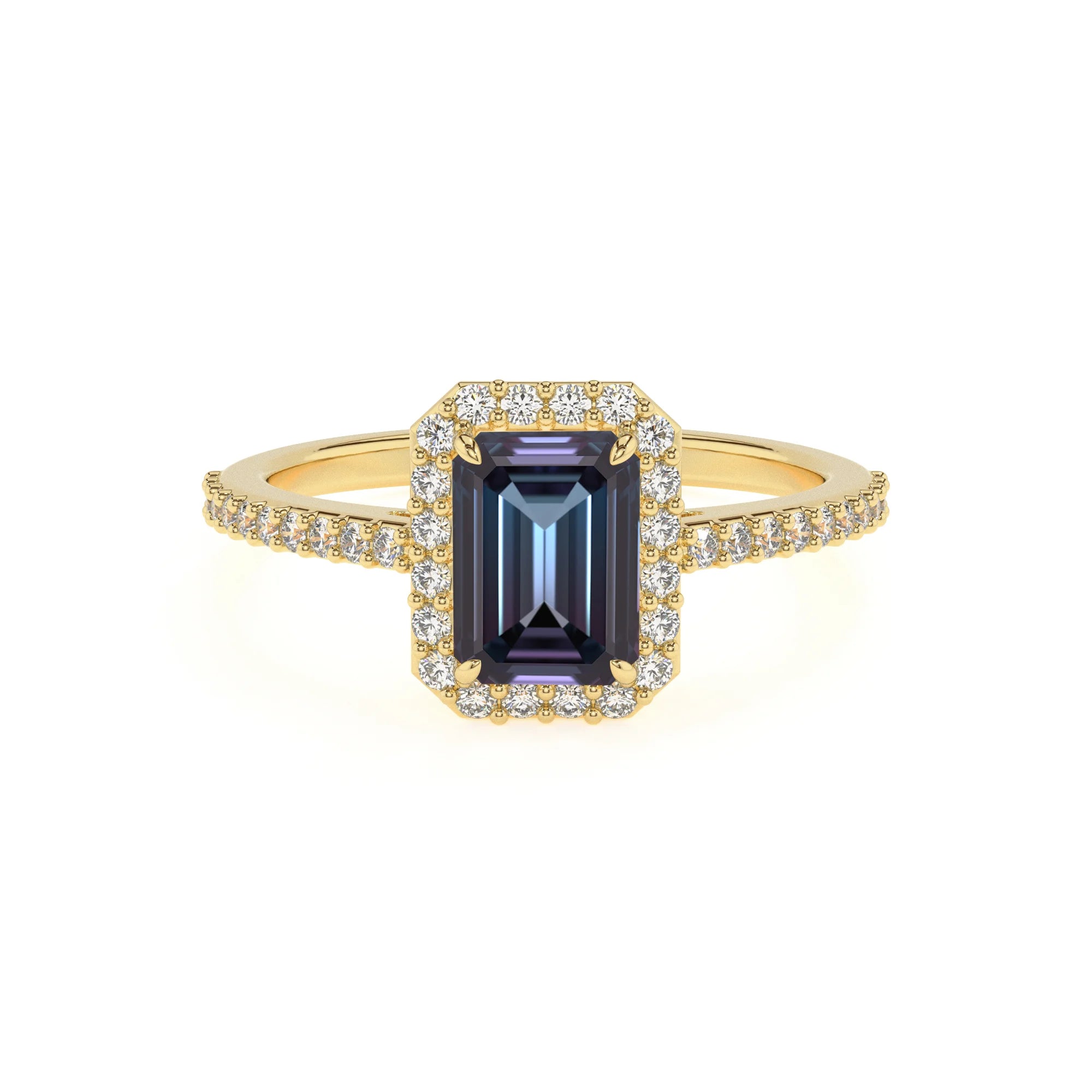 lab grown alexandrite emerald cut solitaire rings in yellow gold