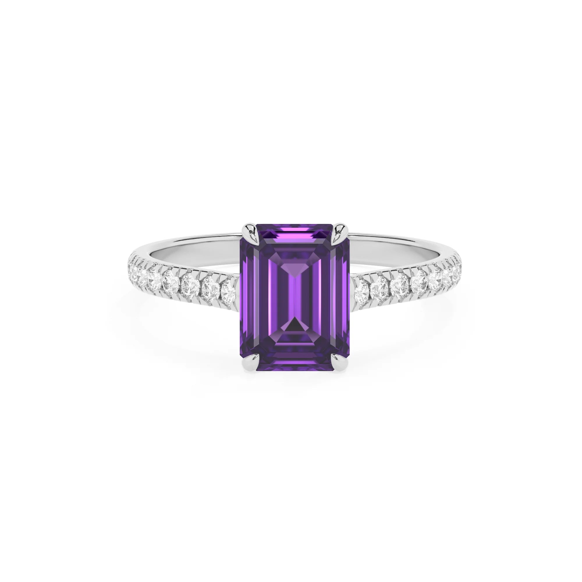 lab grown amethyst emerald cut half eternity solitaire engagement rings in sterling silver