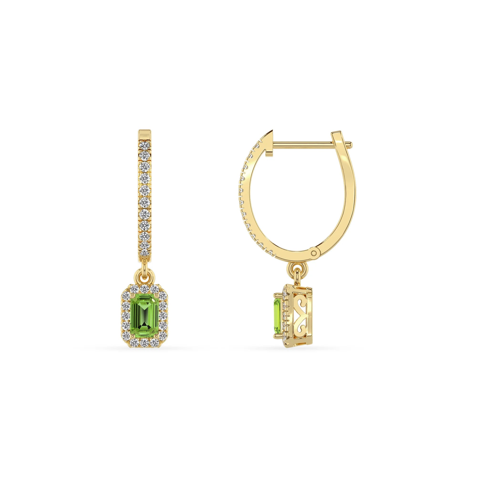 natural peridot emerald cut drop earrings in yellow gold