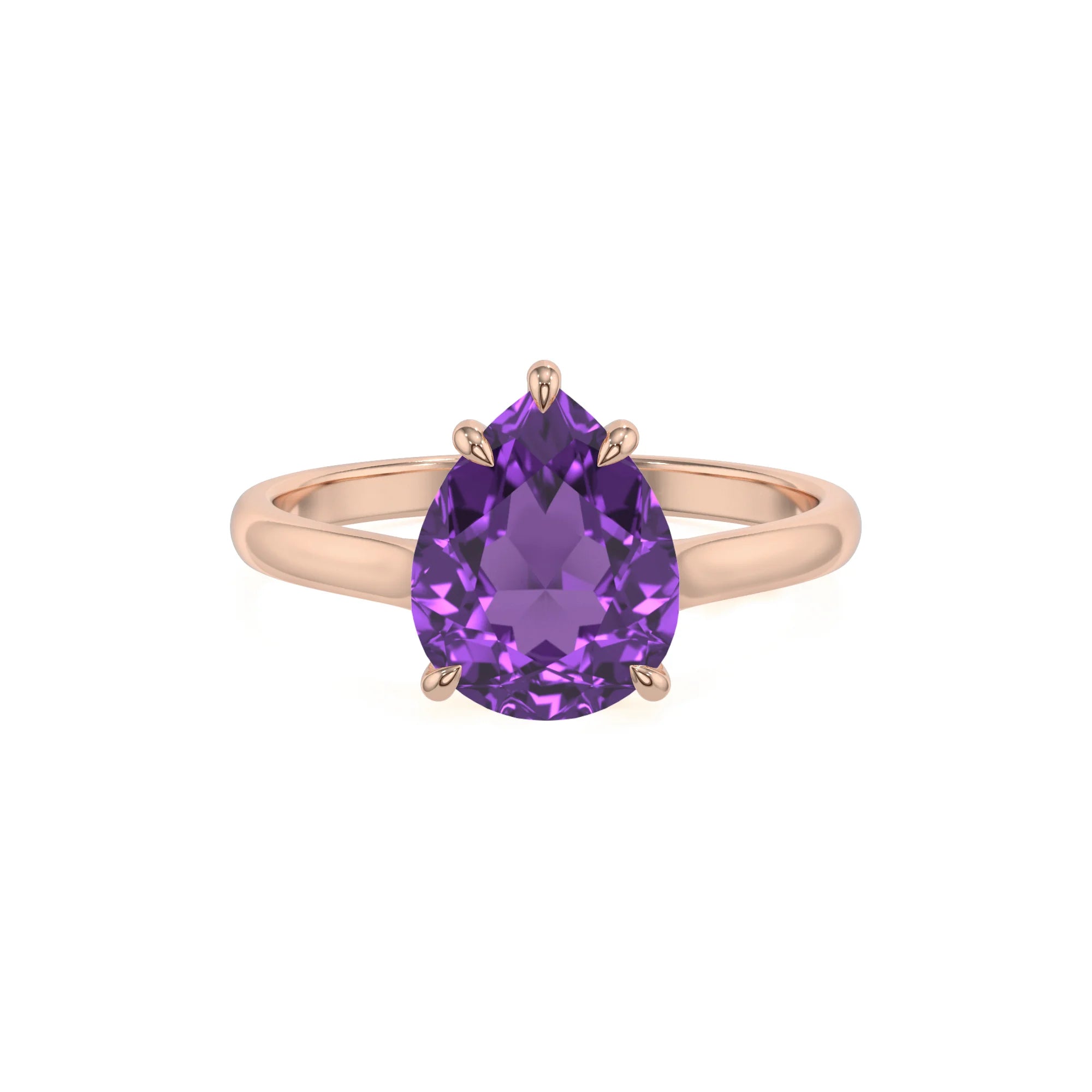 lab grown amethyst pear solitaire rings in rose gold