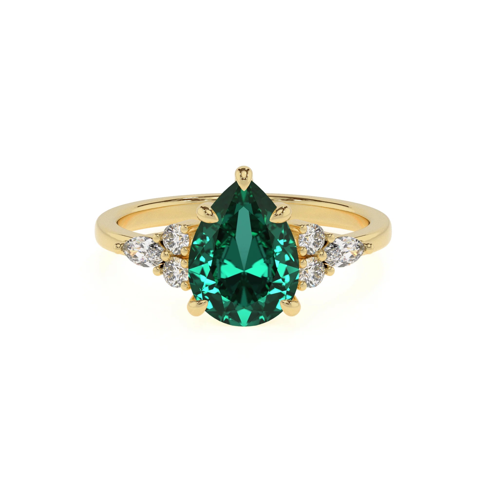 lab grown emerald pear solitaire rings in yellow gold
