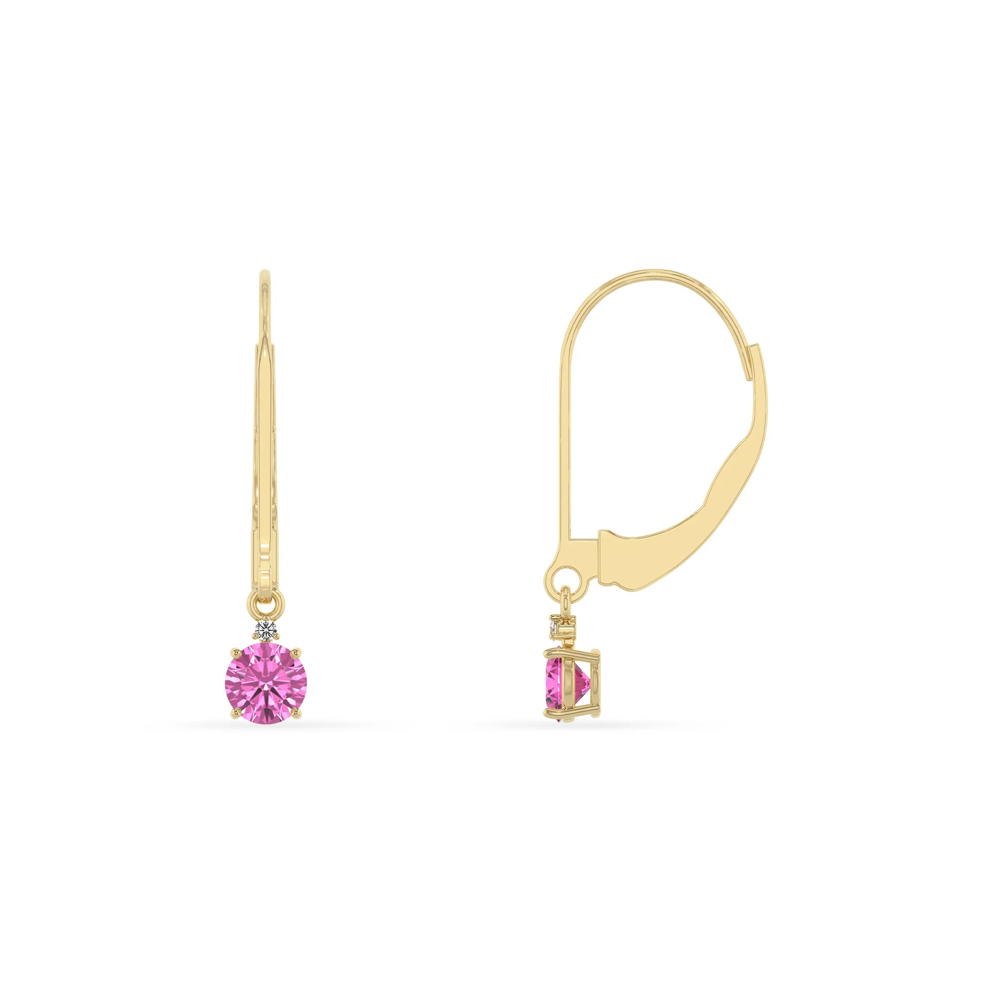 lab grown pink sapphire round drop earrings in yellow gold