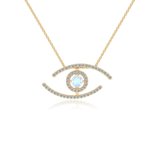 natural rainbow-moonstone round solitaire necklaces in yellow gold
