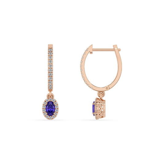 lab grown tanzanite oval drop earrings in rose gold