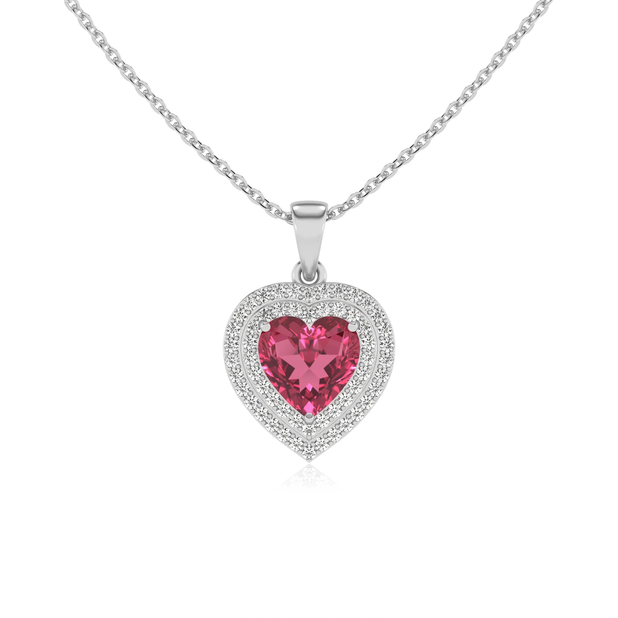 lab grown pink tourmaline heart halo necklaces in white gold