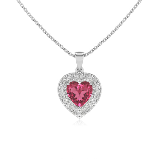 lab grown pink tourmaline heart halo necklaces in white gold