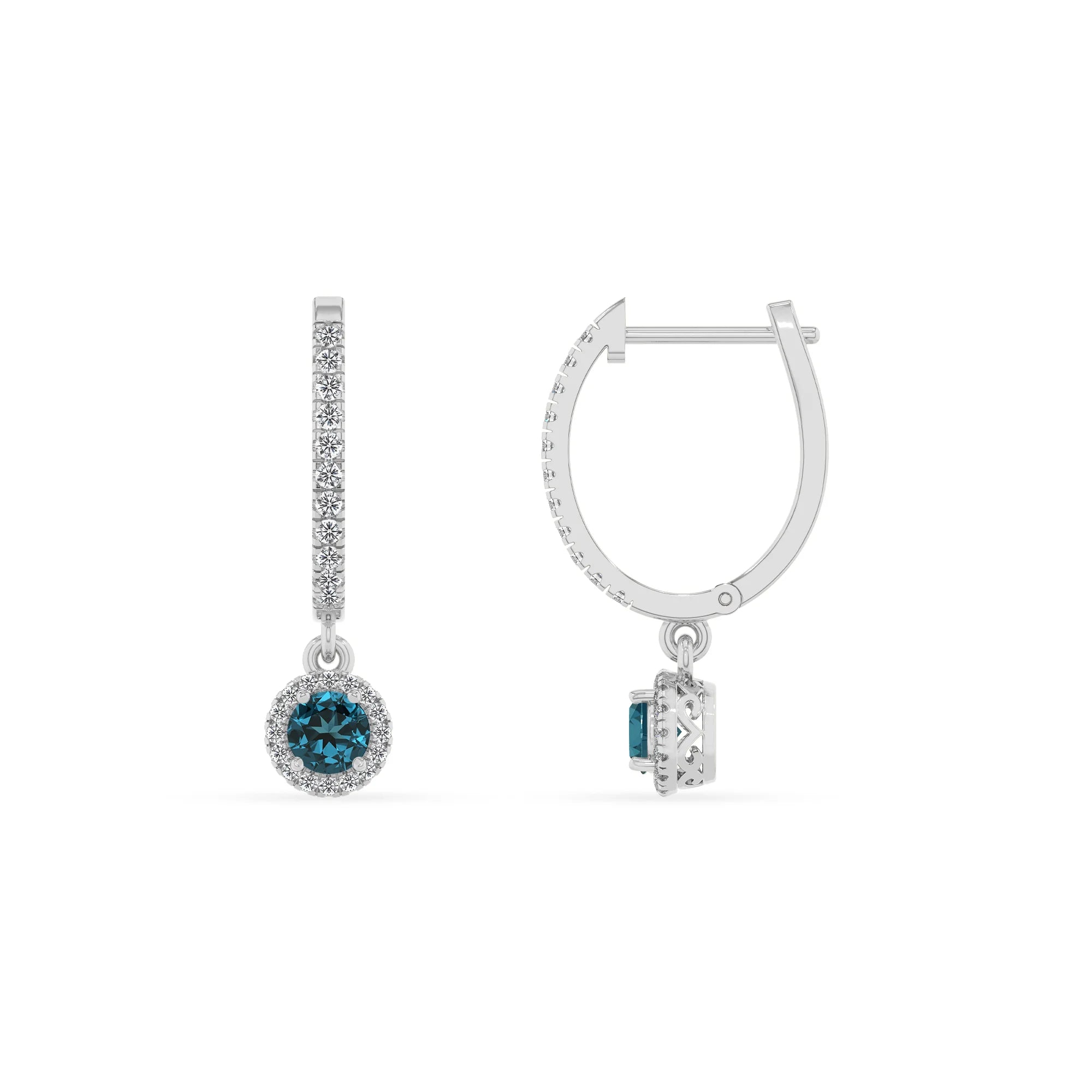 natural london blue topaz round drop earrings in white gold