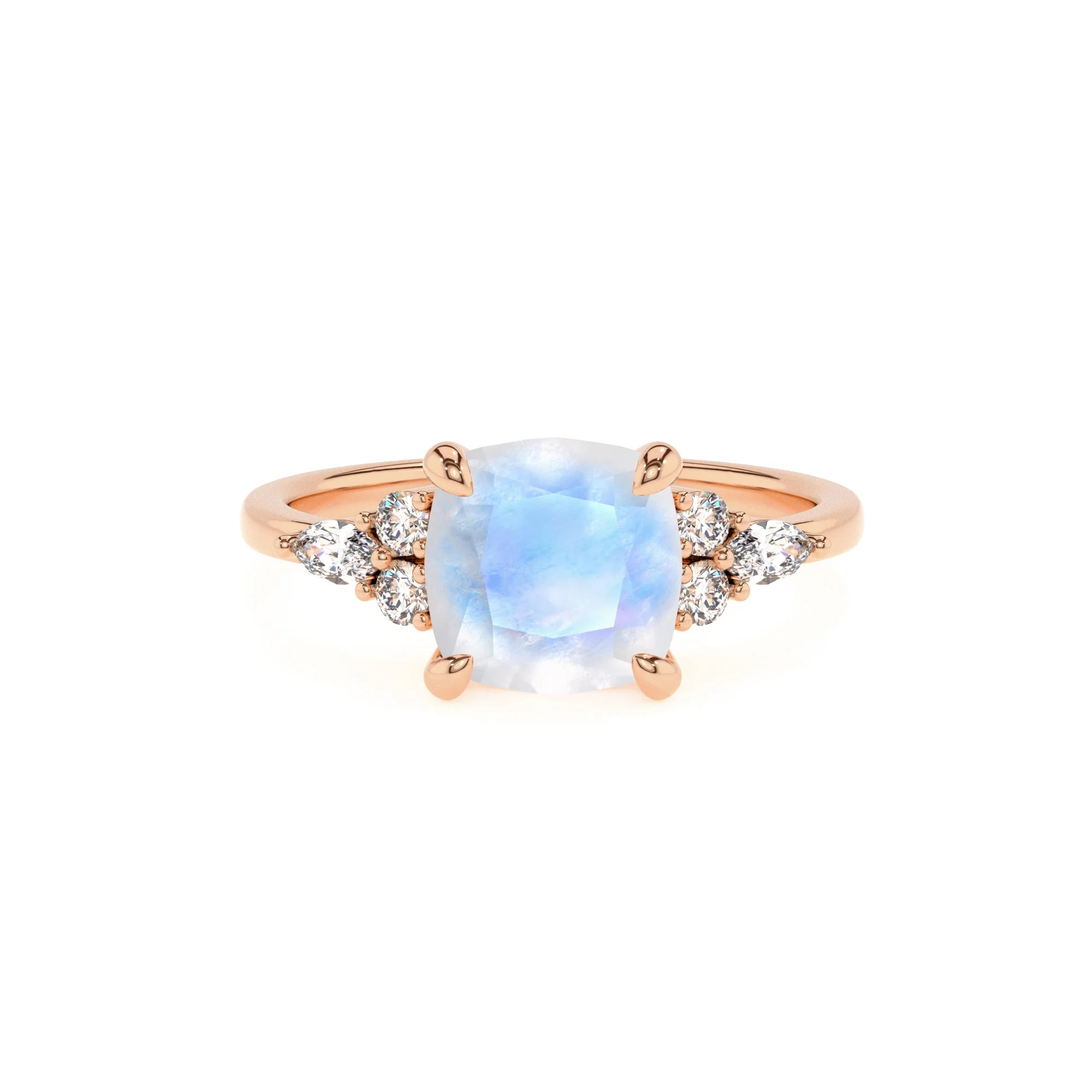 natural rainbow-moonstone cushion solitaire rings in rose gold