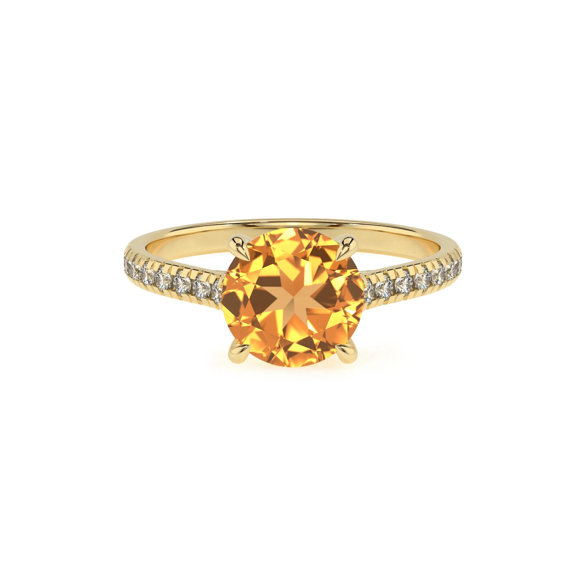 lab grown citrine round half eternity solitaire engagement rings in yellow gold