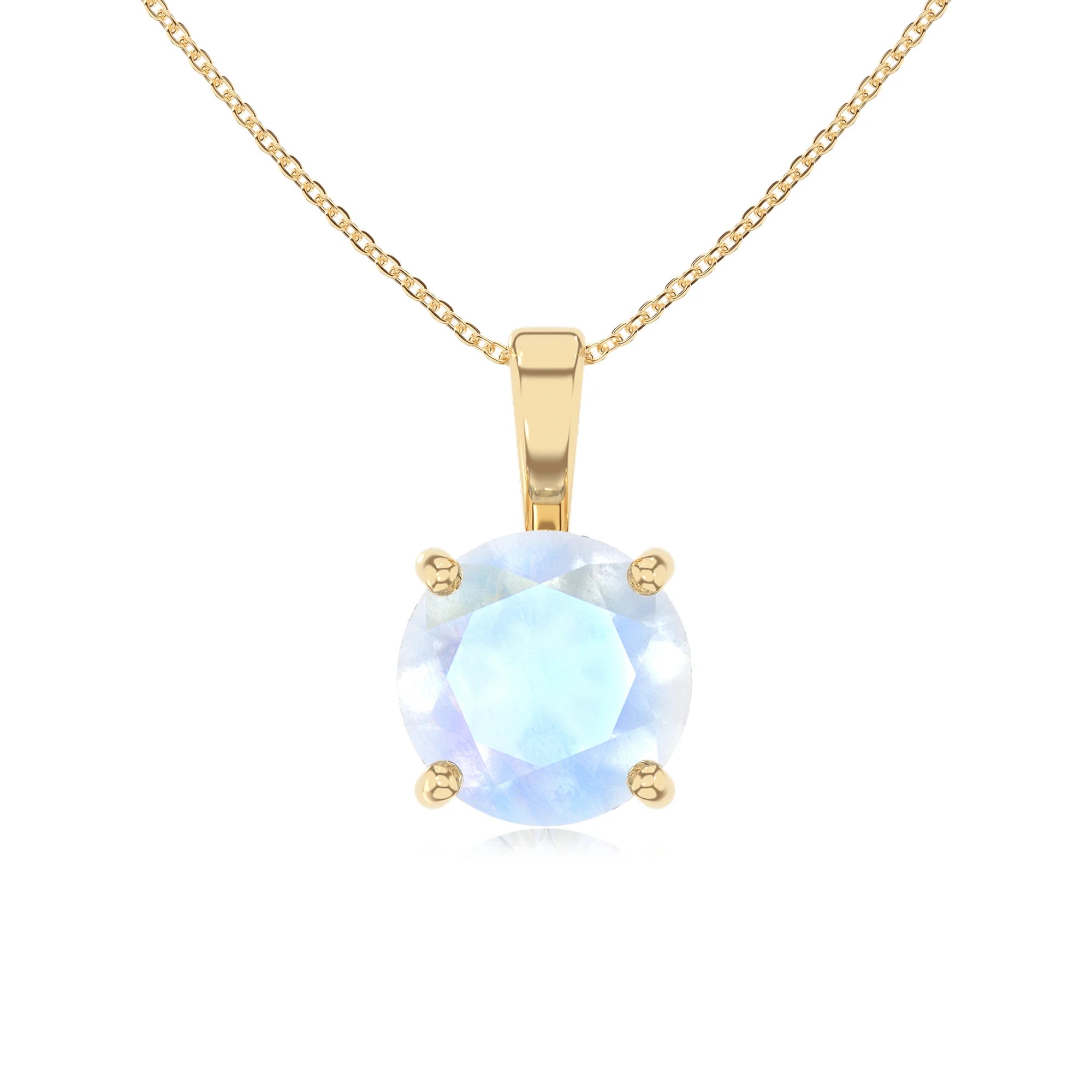 natural rainbow-moonstone round solitaire necklaces in yellow gold