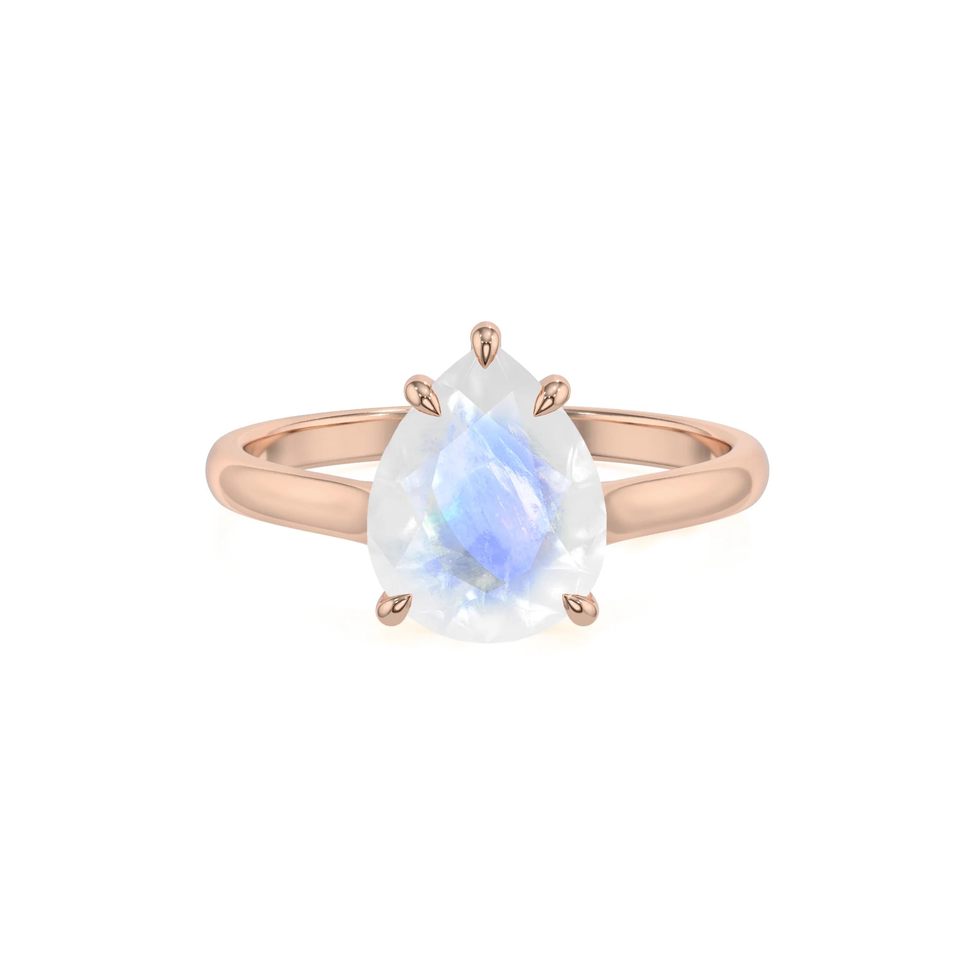 natural rainbow-moonstone pear solitaire rings in rose gold