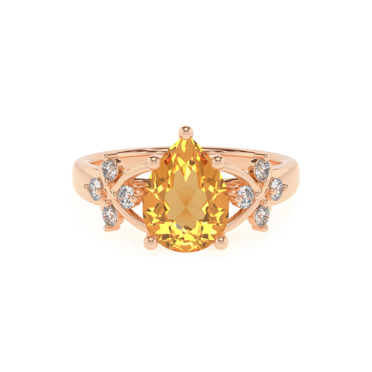 lab grown citrine pear solitaire rings in rose gold