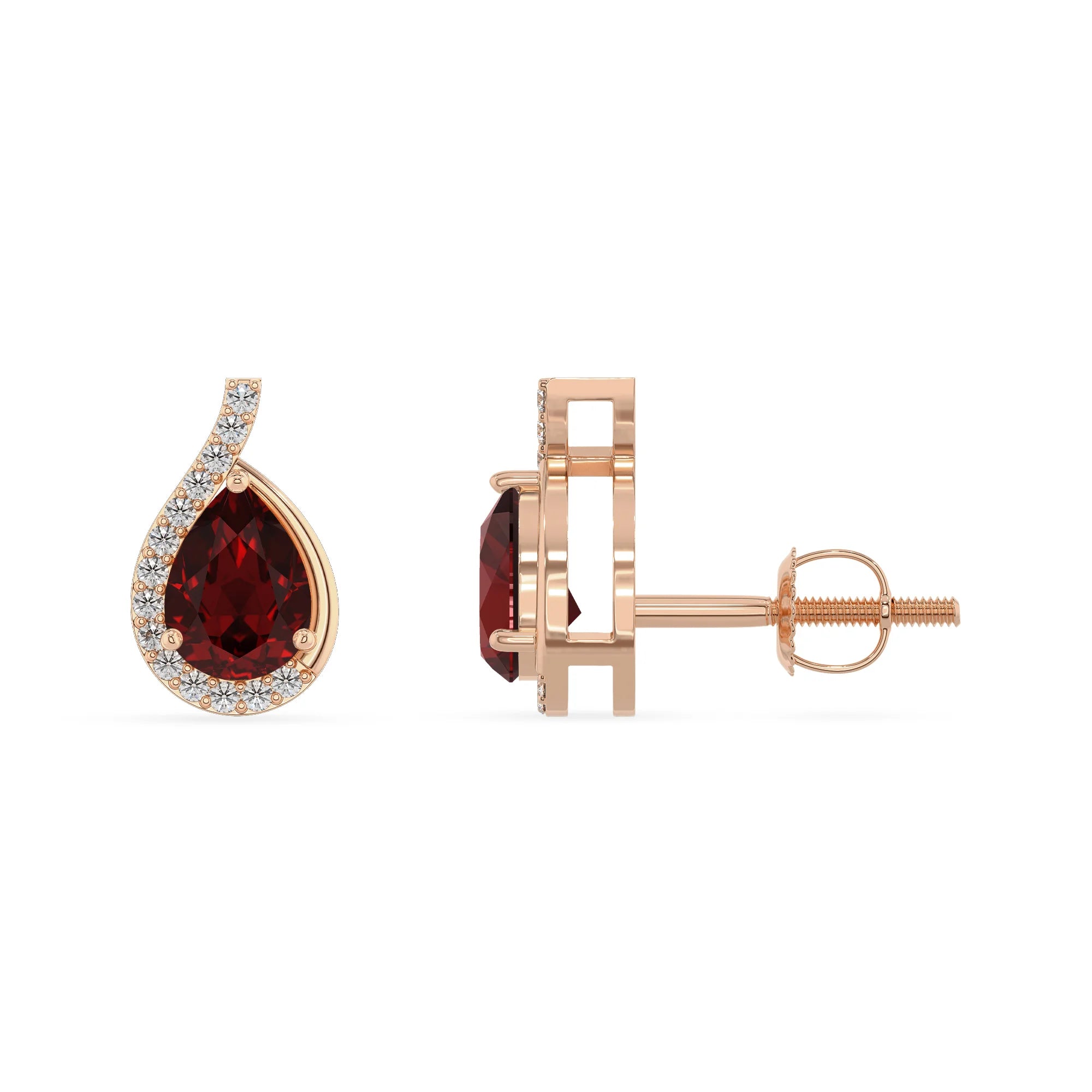 natural garnet pear stud earrings in rose gold