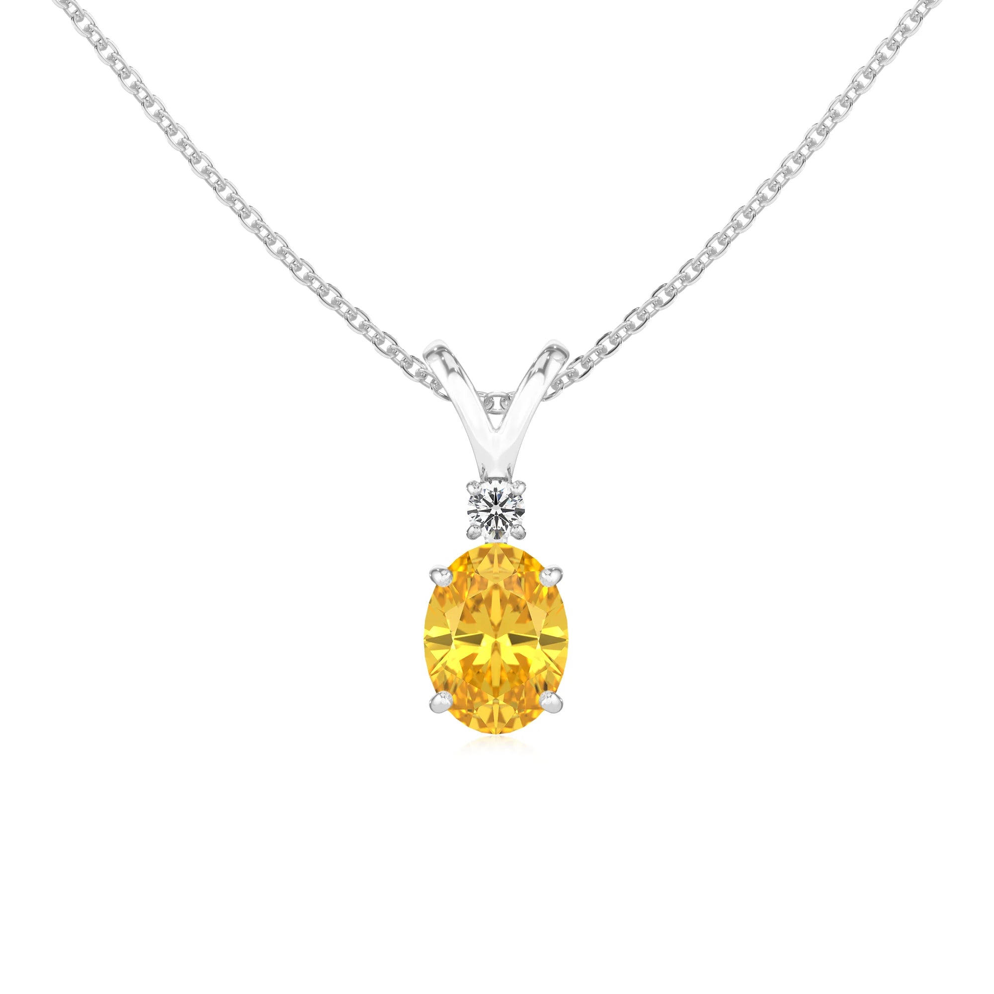 lab grown yellow-sapphire oval solitaire v-bale necklaces in sterling silver