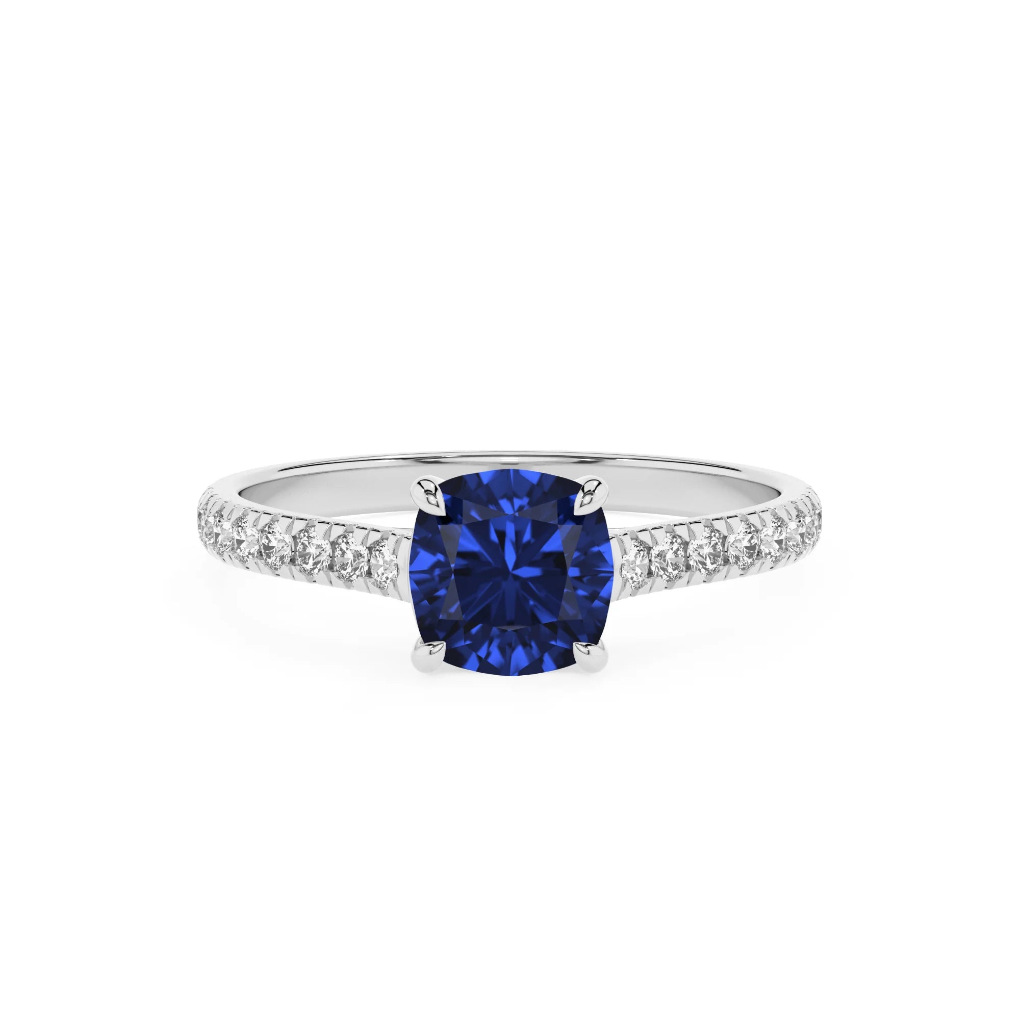 lab grown blue-sapphire cushion half eternity solitaire engagement rings in platinum