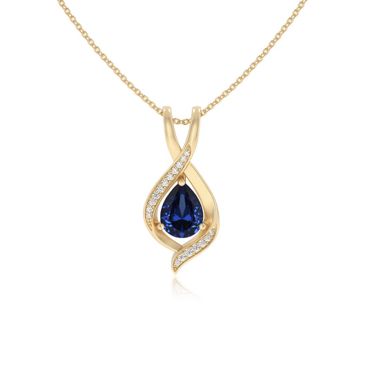 lab grown blue-sapphire pear solitaire necklaces in yellow gold