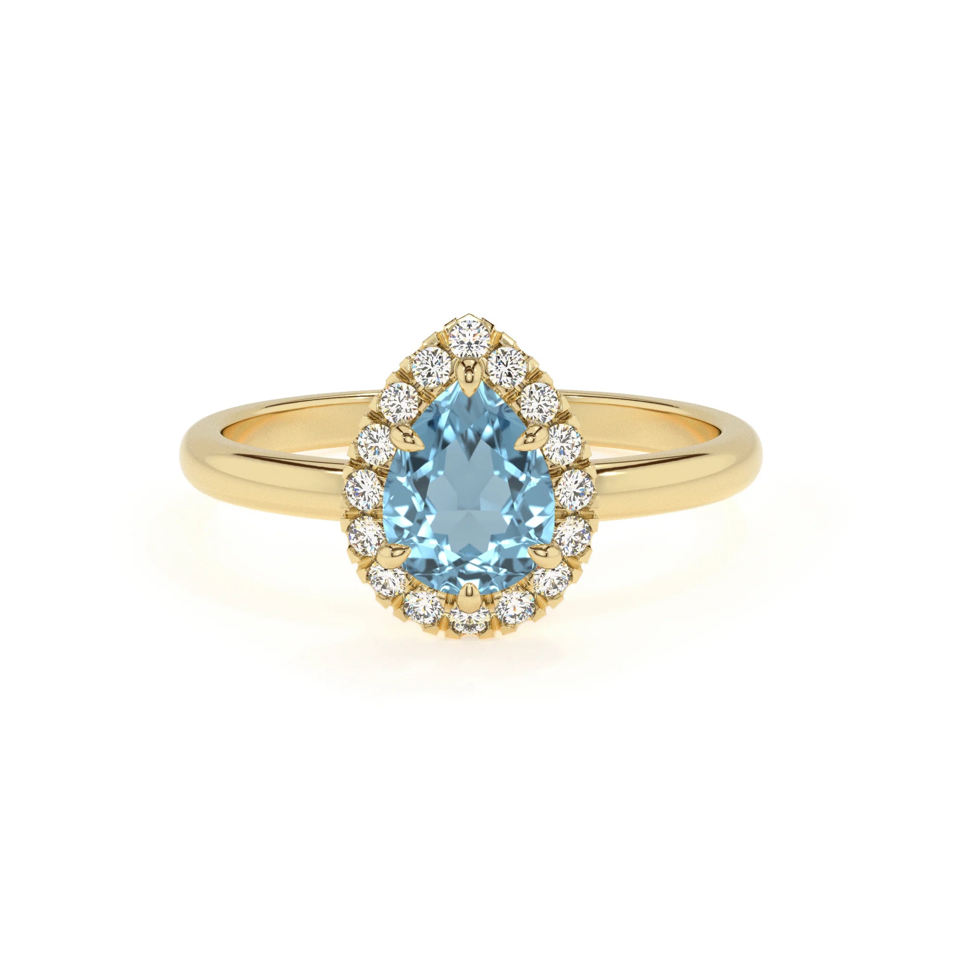 lab grown aquamarine pear solitaire rings in yellow gold