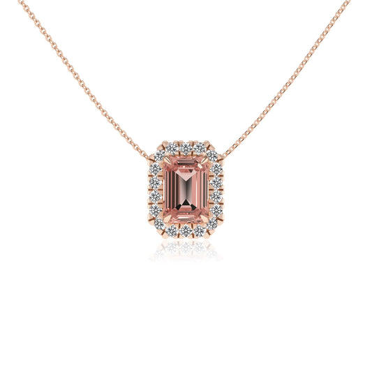 lab grown morganite emerald cut solitaire necklaces in rose gold