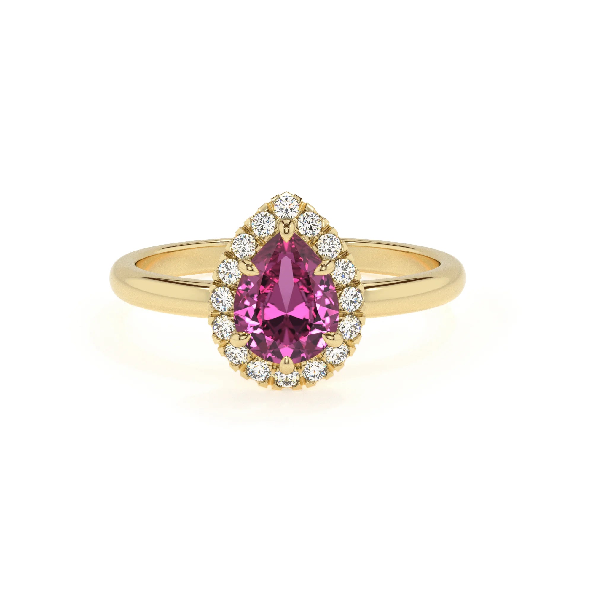 lab grown pink-sapphire pear solitaire rings in yellow gold