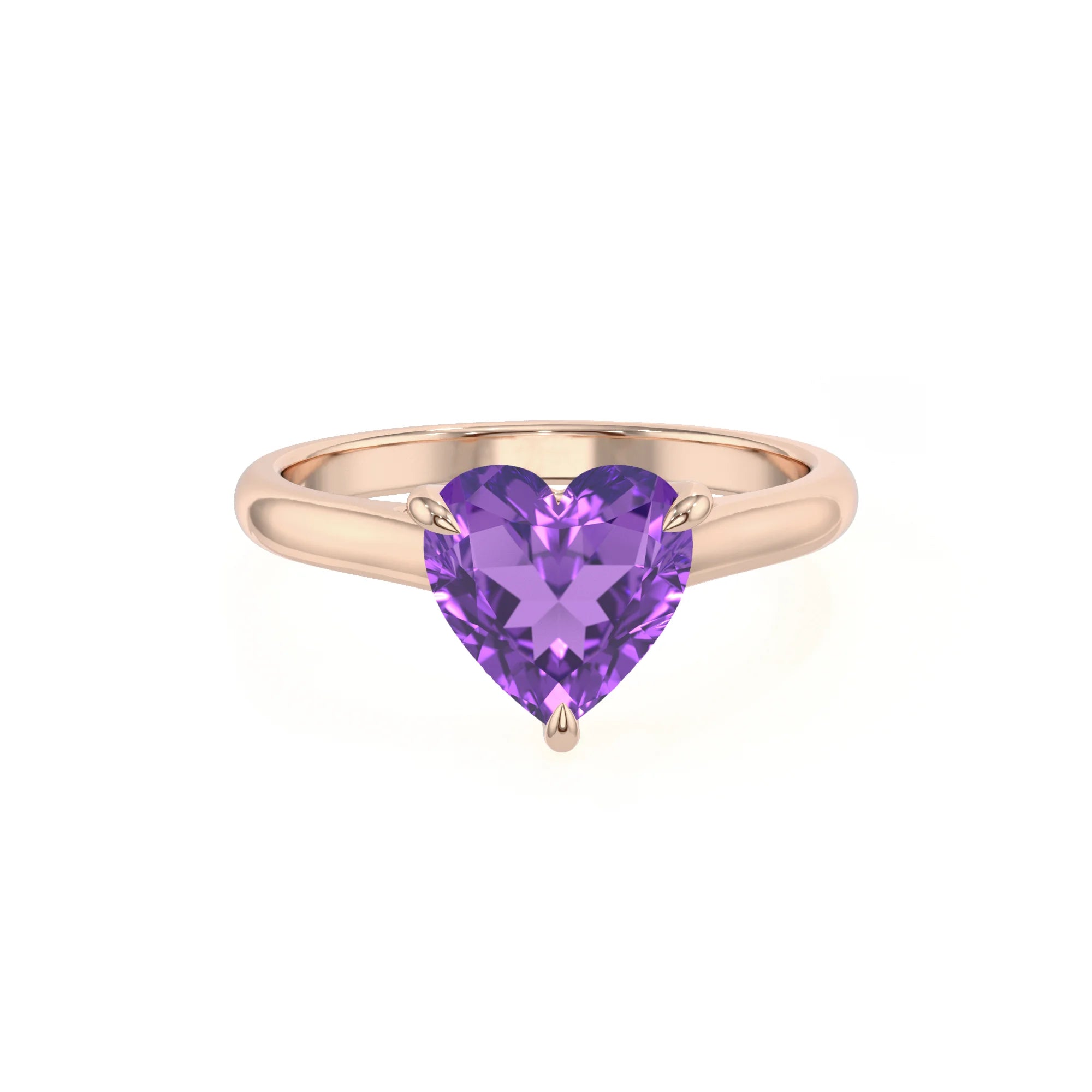 lab grown amethyst heart solitaire rings in rose gold