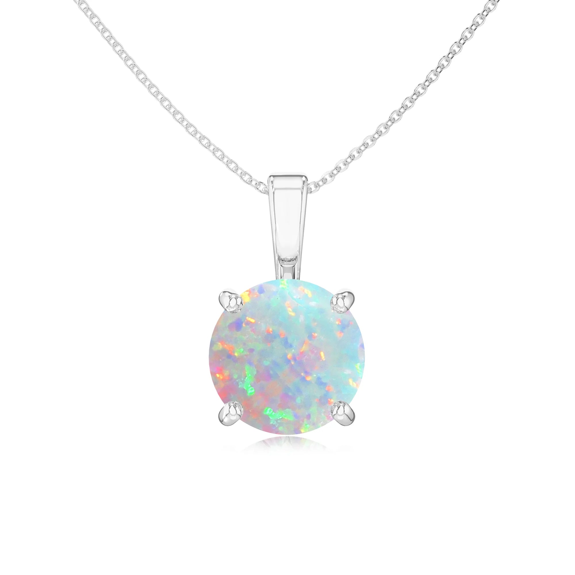 lab grown opal round solitaire necklaces in sterling silver