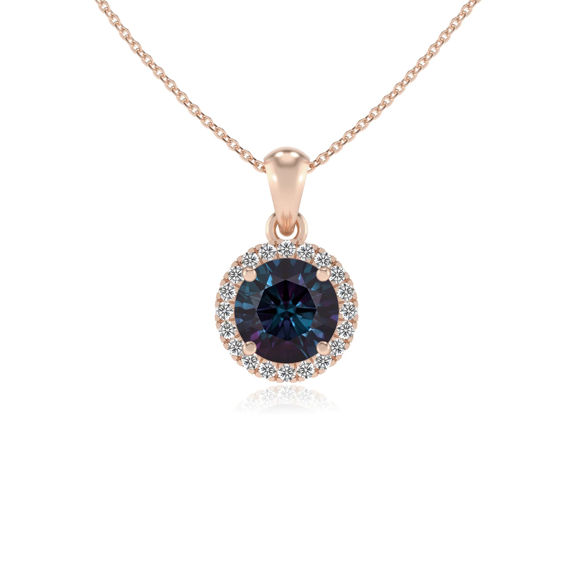lab grown alexandrite round solitaire necklaces in rose gold