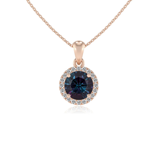 lab grown alexandrite round solitaire necklaces in rose gold