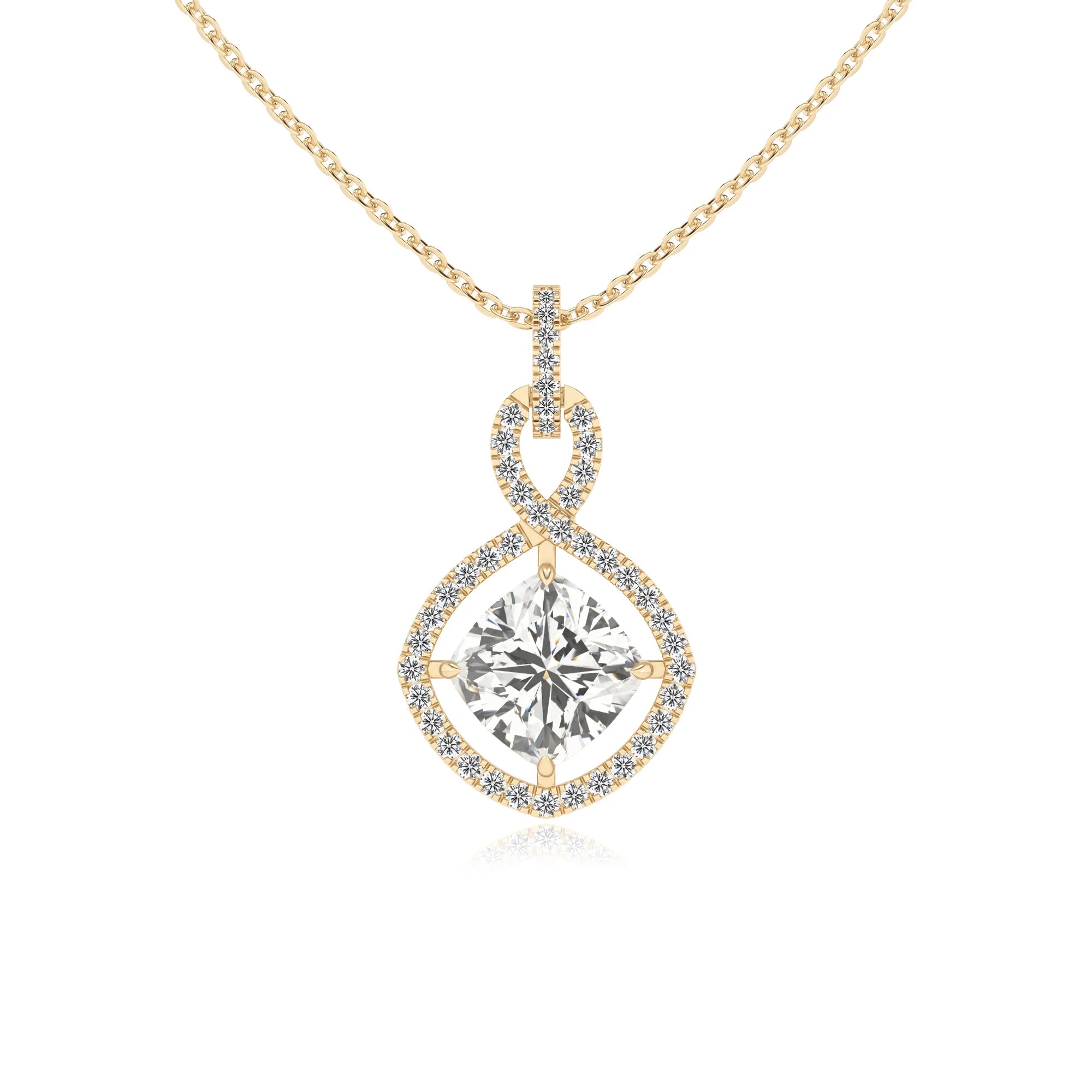 lab grown moissanite cushion infinity necklaces in yellow gold