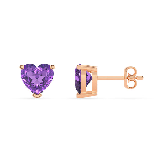 lab grown amethyst heart stud earrings in rose gold