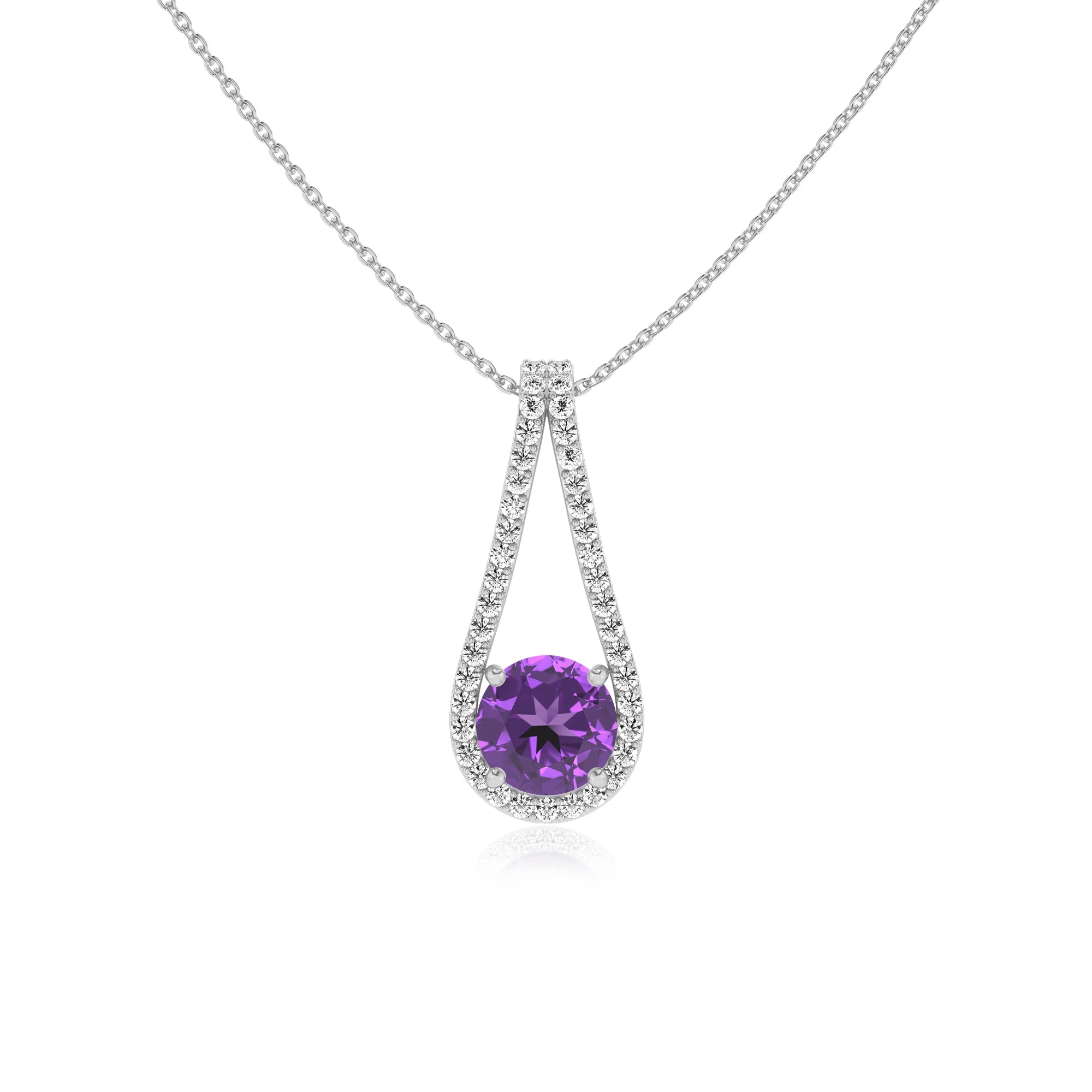lab grown amethyst round solitaire v-bale necklaces in white gold